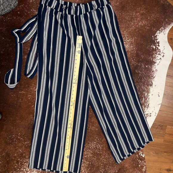 SHEIN Navy White Striped Wide-Leg Pants Adjustable Waist Tie Belt XXL - Picture 5 of 8